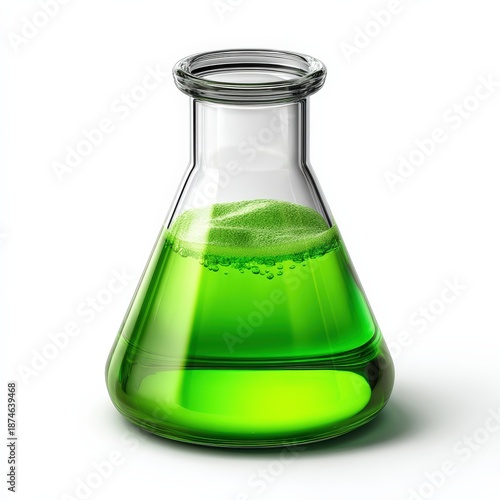 Erlenmeyer Flask with Bubbling Green Liquid on White Background