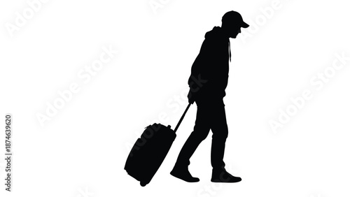 Silhouette of a young man wearing a baseball cap walking while pulling a rolling suitcase