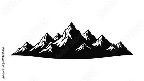 Black and white stylized silhouette graphic representing a rugged mountain range cresting on the horizon