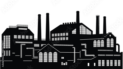 Detailed black and white silhouette illustration of a large historical industrial factory complex and skyline.