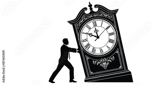 Businessman silhouette struggling to push or hold a very large antique grandfather clock