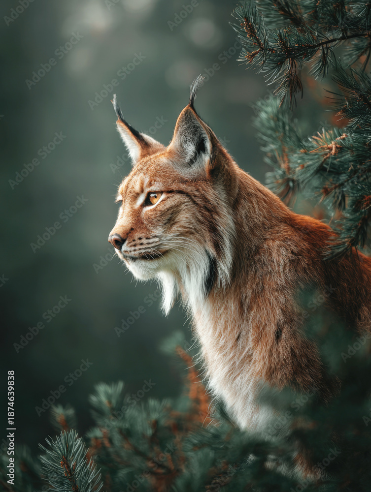Obraz premium Majestic Eurasian Lynx Portrait in Wild Forest Setting Featuring Beautiful Golden Eyes and Pointed Ear Tufts Peeking Through Evergreen Pine Branches During a Calm Morning in the Northern Wilderness