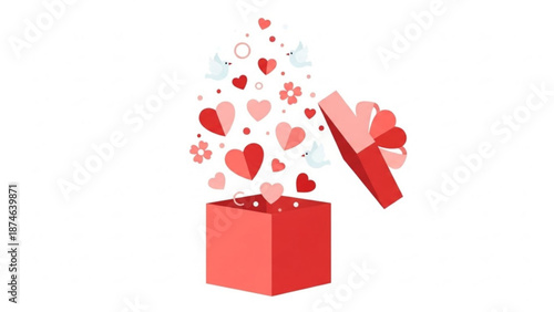 Open gift box with hearts and flowers floating out for valentine's day  