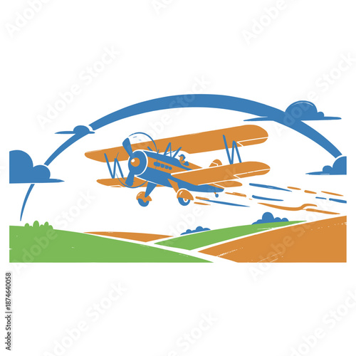 Vintage biplane flying over farmland artwork. Retro airplane illustration design. Classic aviation graphic for t shirt print, poster, sticker, backgro