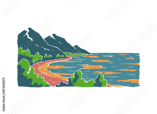 Coastal road trip artwork. Scenic ocean drive illustration. Beach with mountain artwork. Outdoor adventure for t shirt print, poster, sticker, backgro