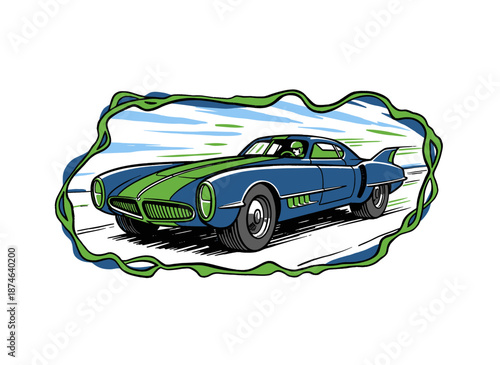 Sport car print design for t shirt print, poster, sticker, background and other uses. Fast wheels challenge. Vintage speed racing artwork. Classic aut