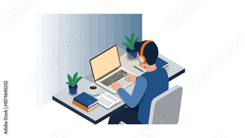 Isometric workspace with person working on laptop at modern desk