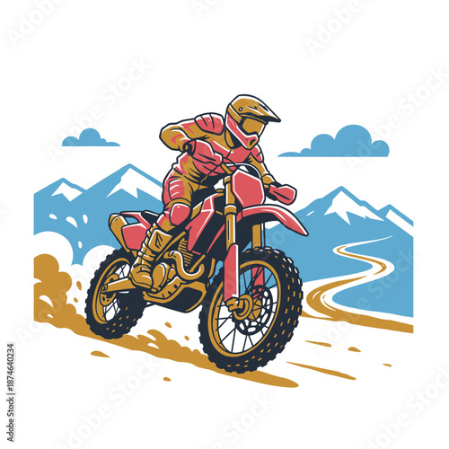 Motocross rider illustration for apparel. Dirt bike extreme off road racing graphic. Mountain adventure motorcycle artwork. T shirt print poster stick