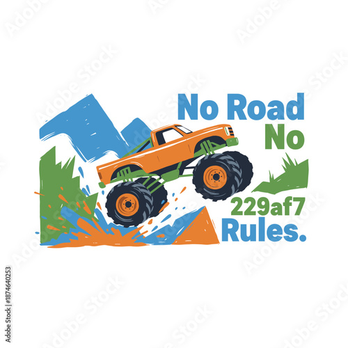Monster truck extreme design. Off road adventure graphic print. 4x4 challenge artwork for t shirt print poster sticker background.