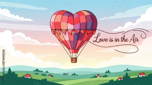 Hot air balloon in heart shape floating over countryside landscape - Concept of valentine's day  
