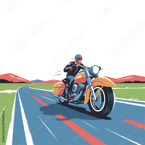 Cruiser motorcycle rider illustration. Highway road trip graphic art. Vintage biker culture design. Speed and freedom on the road. Artwork for t shirt