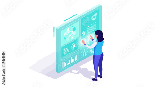 Interactive technology concept with individual analyzing data on innovative transparent display