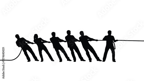 Silhouette team of people engaging in a challenging tug of war competition for dominance and strength