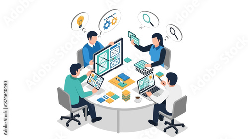 Collaborative teamwork in modern office workspace with digital planning and brainstorming