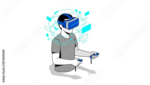 Immersive virtual reality experience with vr headset and controllers in modern tech style