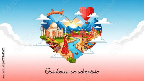 Illustrated heart with landmarks and couple representing adventure theme
