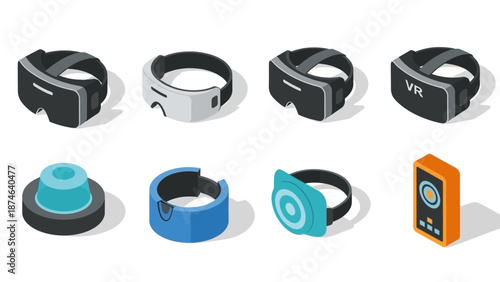 Isometric virtual reality headsets and accessories in modern design