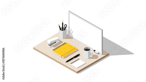 Isometric workspace with office supplies and computer screen on desk