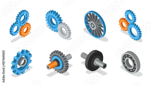 Isometric gear and cogwheel set with bearings in blue and orange tones