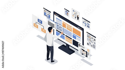 Person designing responsive website on computer screen with digital graphics in modern workspace