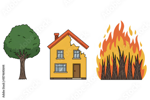 Tree house and fire illustrate natural disaster risk insurance concept on white background