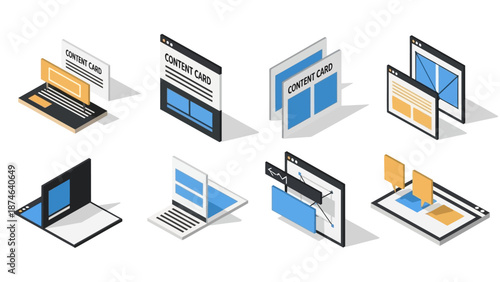 Isometric content card design concepts for digital interfaces