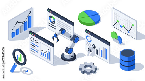 Isometric business analytics and robotics in tech infographics