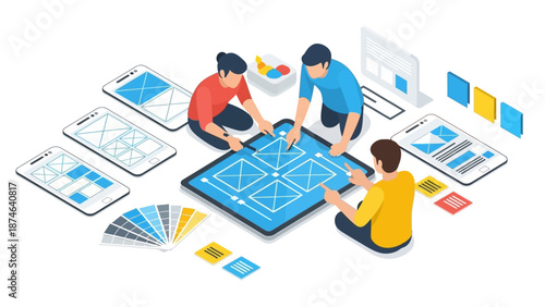 Team collaborating on mobile app design with isometric digital tools and prototypes