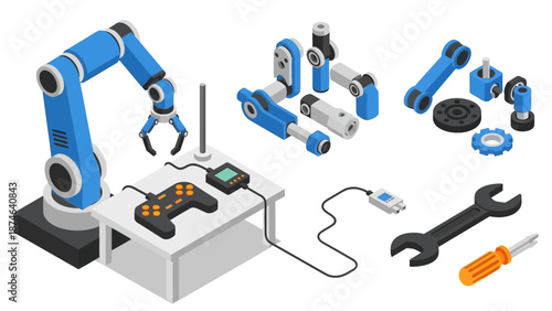 Robotic arm components with gaming controller on workshop table in isometric view