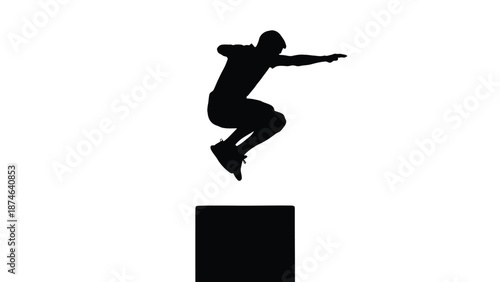 Silhouette of an athlete performing a dynamic box jump exercise isolated against a white background
