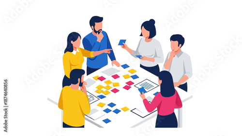 Team collaboration and planning around table with sticky notes and documents