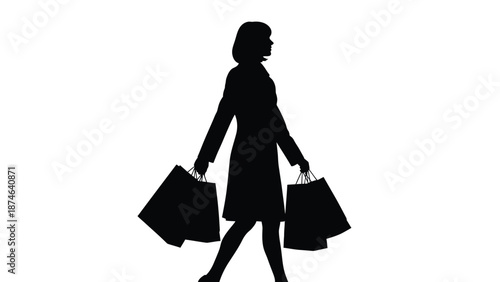Silhouette of a stylish woman walking with numerous shopping bags isolated on a white background