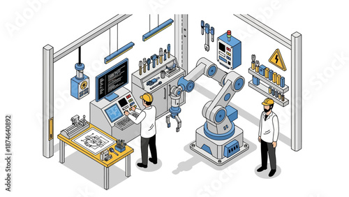 Modern isometric robotics lab with engineers and machinery in action
