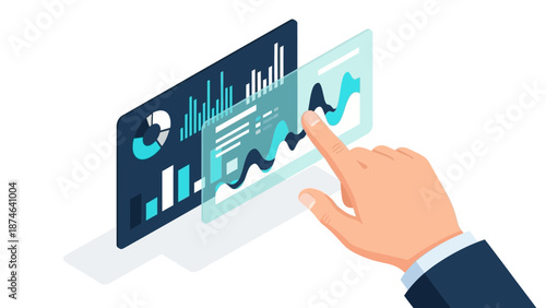 Interactive data analytics dashboard with touchscreen interface in isometric design