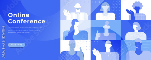 Modern blue vector of virtual team meeting with silhouettes in video call on laptop. Abstract bg for business webinar, online training, remote office, customer service, tech communication concepts