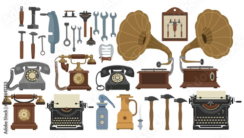 Vintage tools and technology collection: phones, typewriters, gramophones