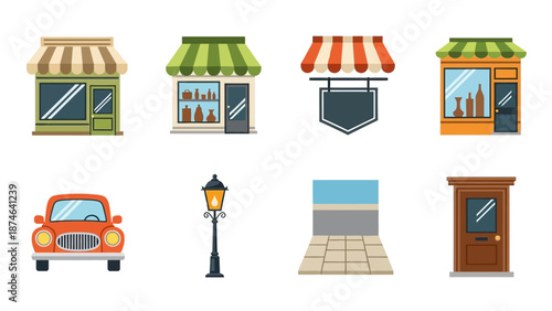 Colorful flat urban elements with storefronts, car, and street decor