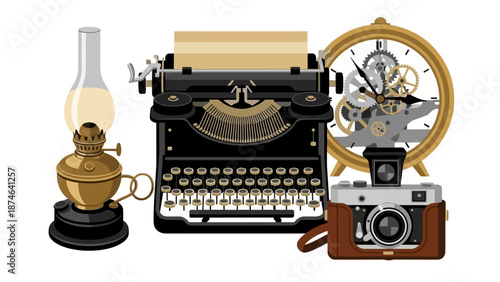 Vintage devices: retro typewriter, camera, clock, and lantern collection
