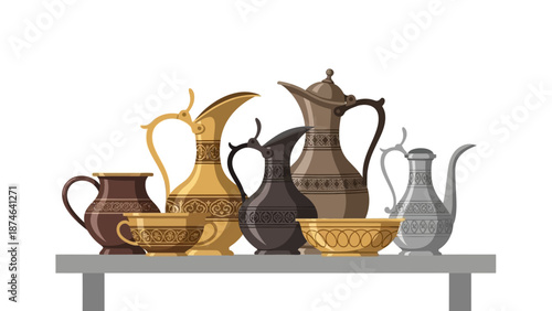 Vintage ceramics: ornate pitchers and bowls on display