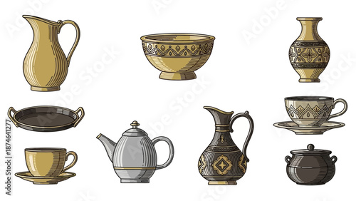 Vintage ceramic dishes and teapots collection in detailed hand drawn style