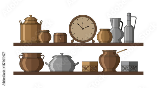 Retro kitchen shelf with vintage pots and clock in flat design