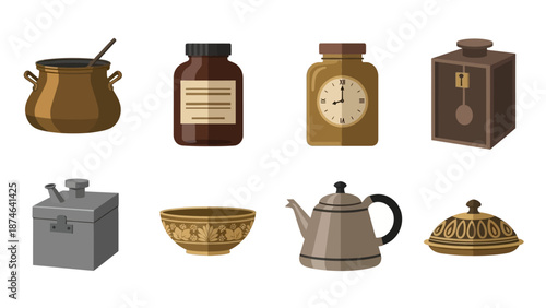 Vintage kitchenware collection featuring retro containers and cooking pots