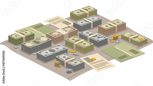 Isometric piles of money and coins on a table for financial success concept