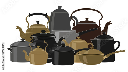 Colorful assortment of vintage metal teapots and kettles in flat style
