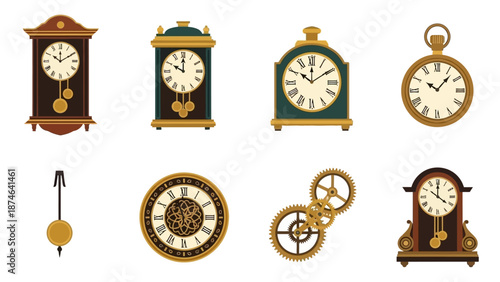 Vintage clock collection featuring antique pendulums and gears in flat design style