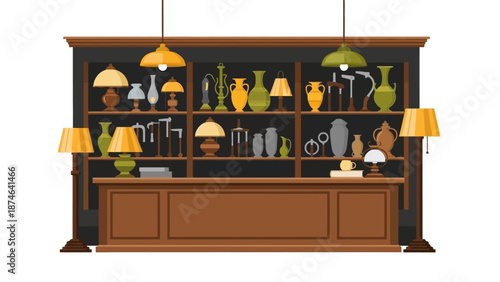 Vintage lamp shop interior with diverse lighting collection and wooden accents