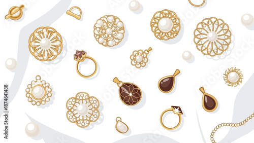 Elegant gold jewelry collection with pearls and gemstones on white background