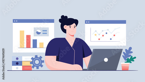 Focused professional analyzes data on laptop with colorful charts and graphs displayed on screens in modern office symbolizing business growth and analytical strategy