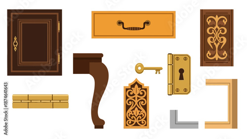 Antique furniture elements collection with ornate details and wooden finishes