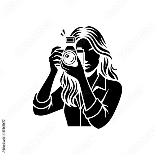 Black Illustration Depicting A Girl Holding A Camera, Ready To Take A Picture